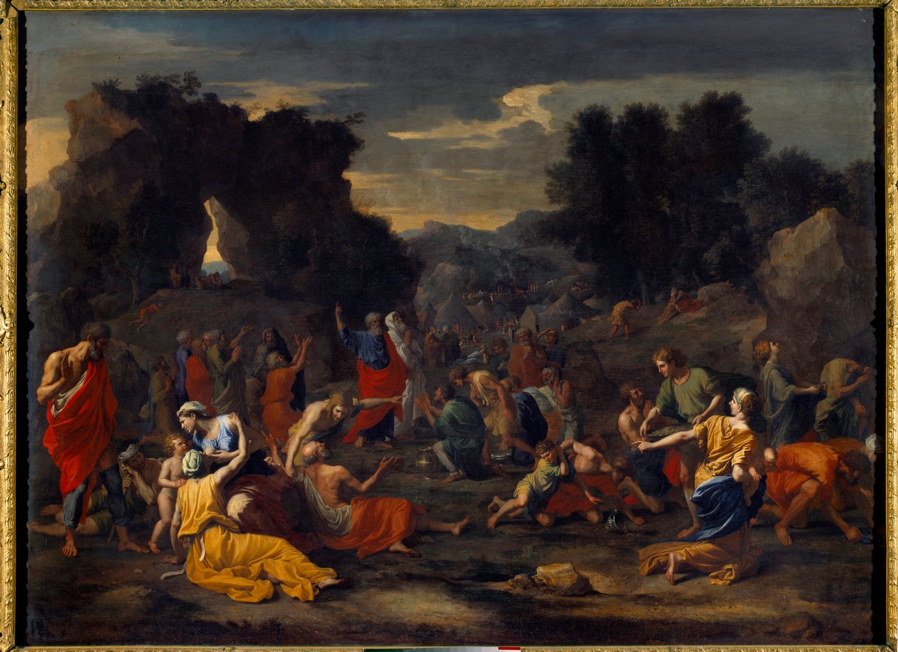 Israeliterna samlar manna (manna) i öknen. Målning av Nicolas Poussin (1594-1665) av Nicolas Poussin