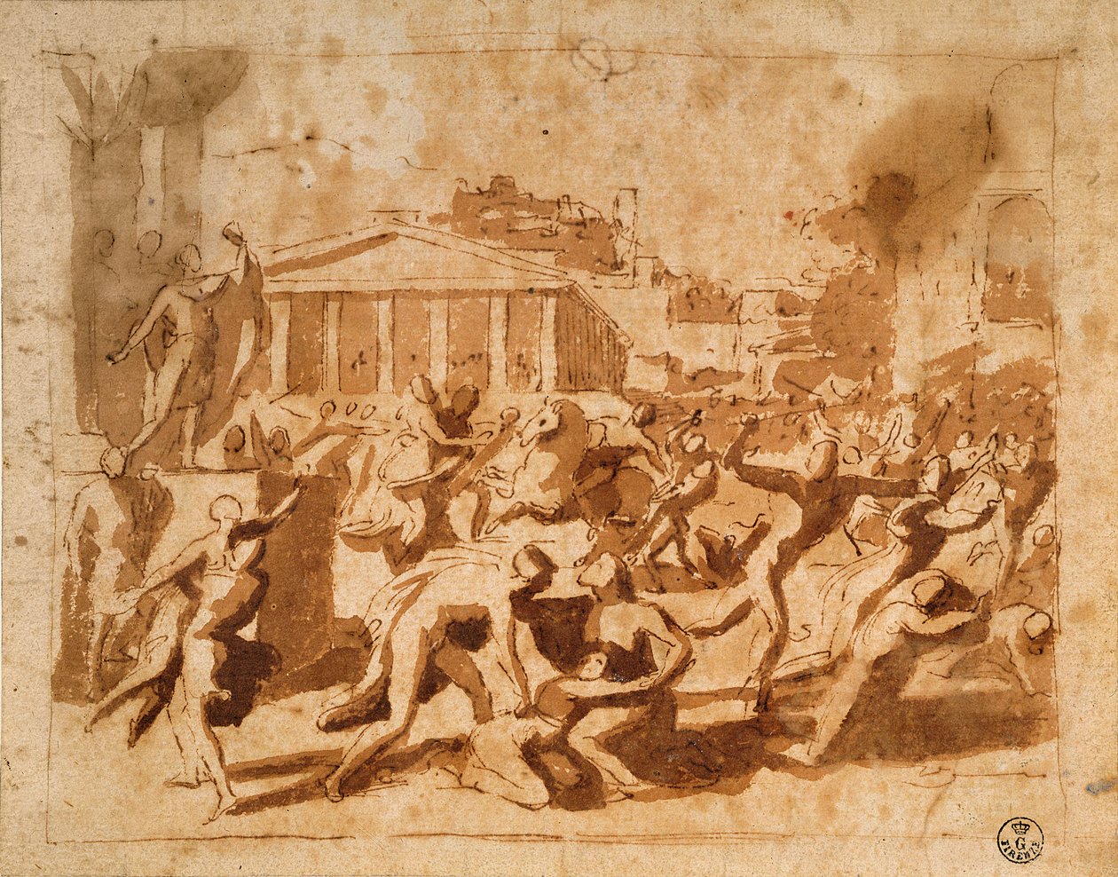 The Rape of the Sabine Women (penna och bläcktvätt på papper) av Nicolas Poussin