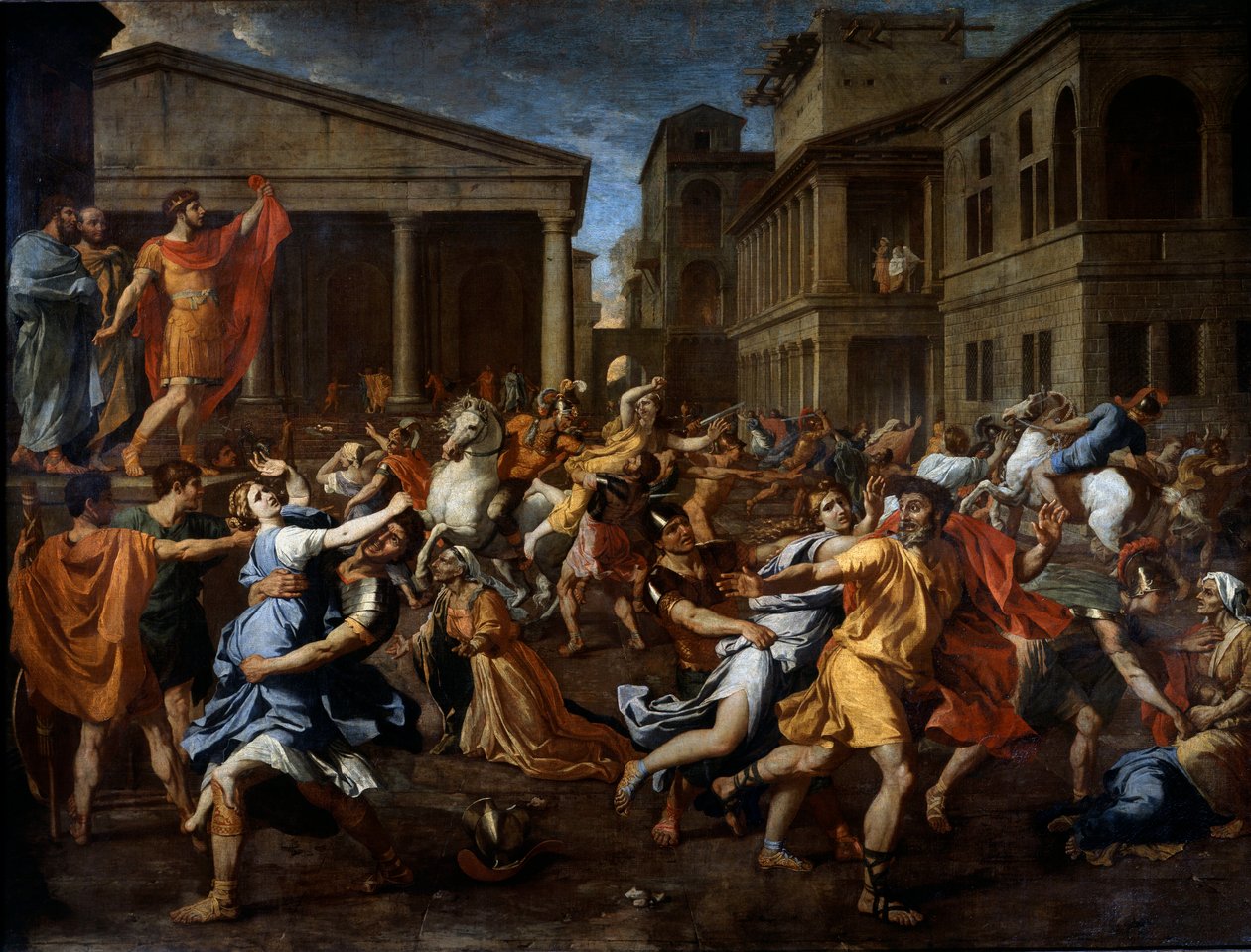 Romarnas avlägsnande av sabinerna. Romulus till vänster observerar scenen. Målning av Nicolas Poussin av Nicolas Poussin