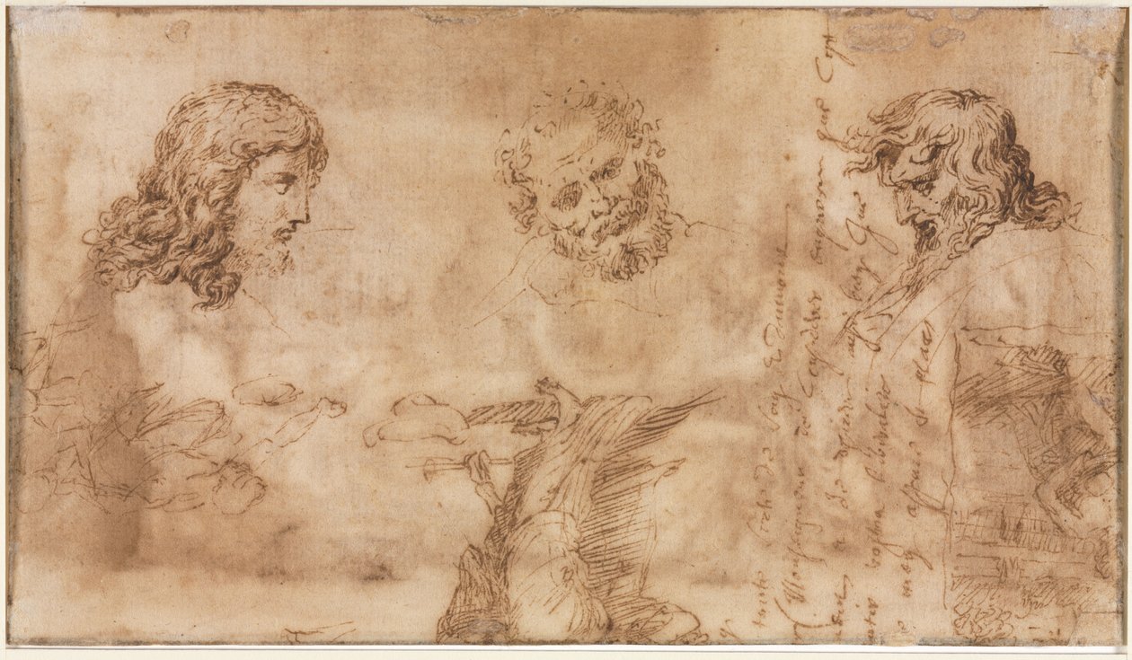 Tre huvuden och andra skisser (verso) av Nicolas Poussin