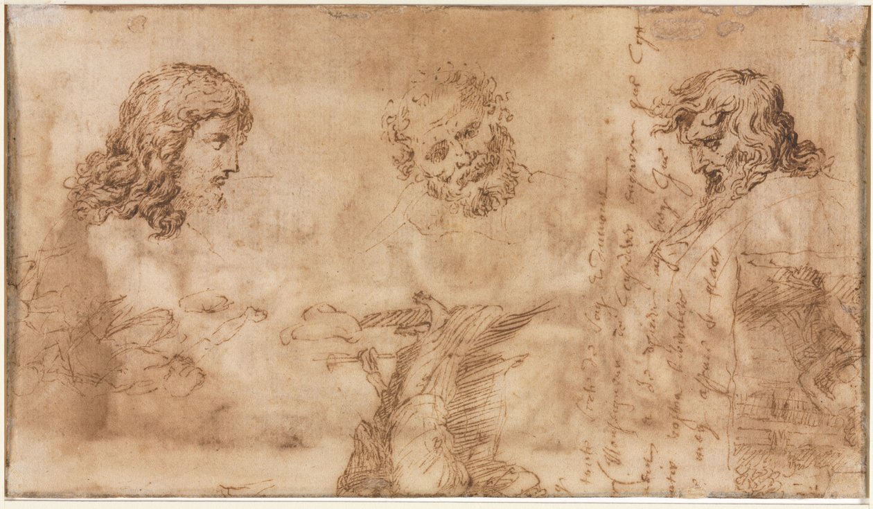 Tre huvuden och andra skisser tergo, 1643-1644. av Nicolas Poussin