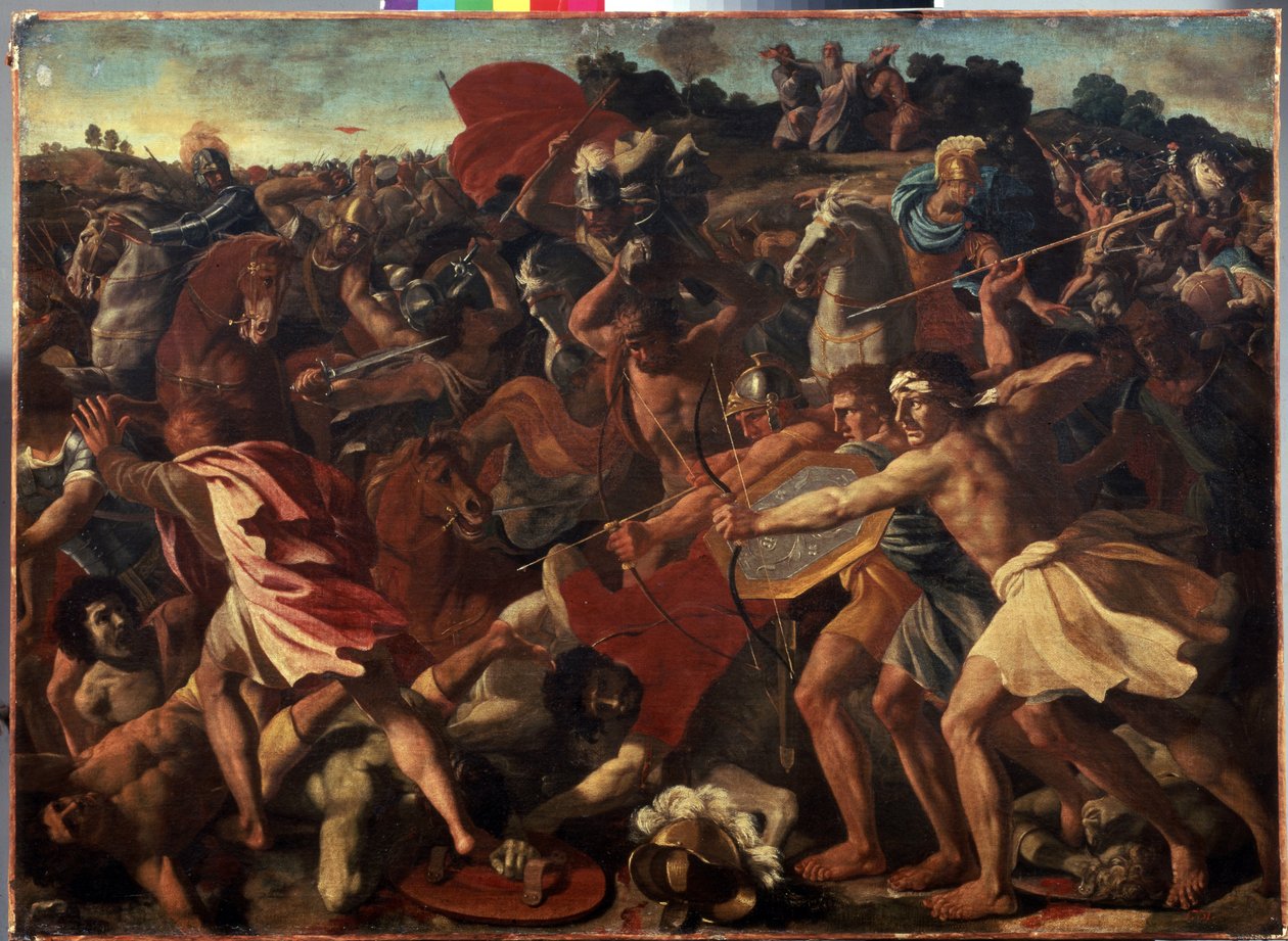 ""Josuas seger över amaleciterna"" under striden mellan israeliterna och amalekiterna - Målning av Nicolas Poussin (1594-1665), cirka 1624-1625. Olja på duk. Fransk konst, barockstil. M av Nicolas Poussin