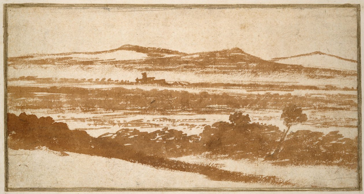Utsikt över en dal mot avlägsna kullar (pensel och rödbrun tvätt, på benvitt papper, nedlagd på ett vitt kortfäste) av Nicolas Poussin