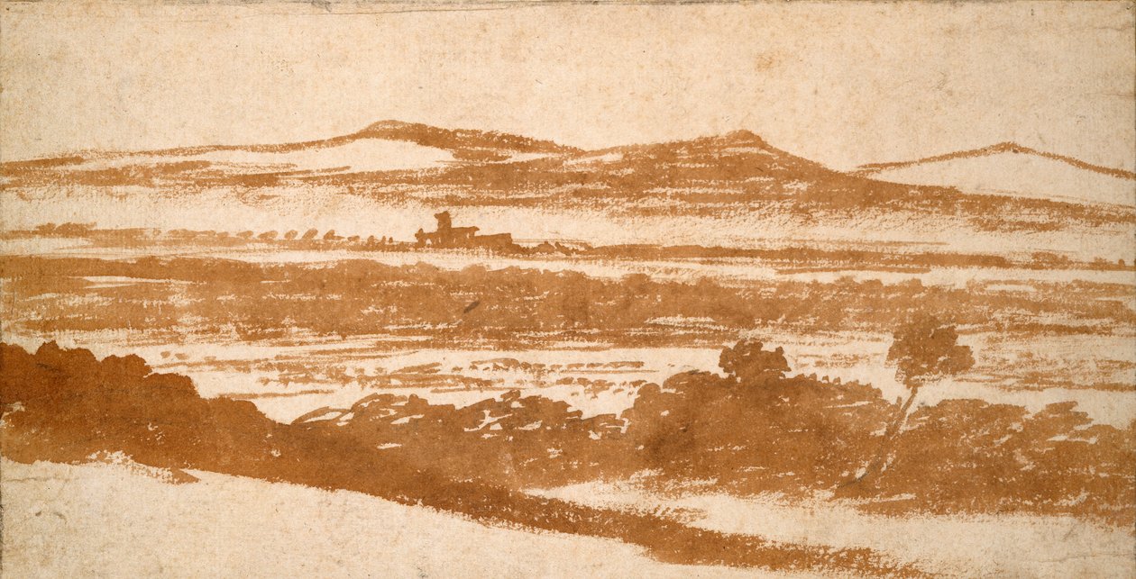 Utsikt över en dal mot avlägsna kullar, tidigt 1500-tal av Nicolas Poussin