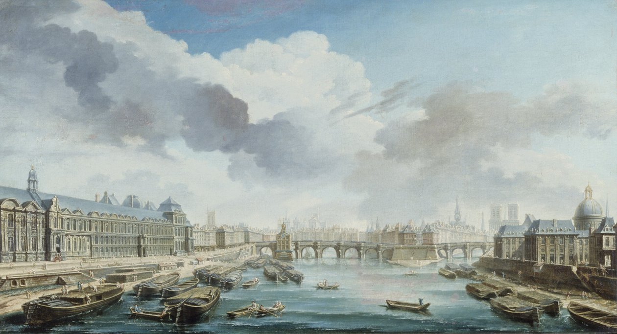 Louvren, Pont-Neuf och Collège des Quatre-Nations, numera Institut de France, sett från Pont Royal av Nicolas Raguenet
