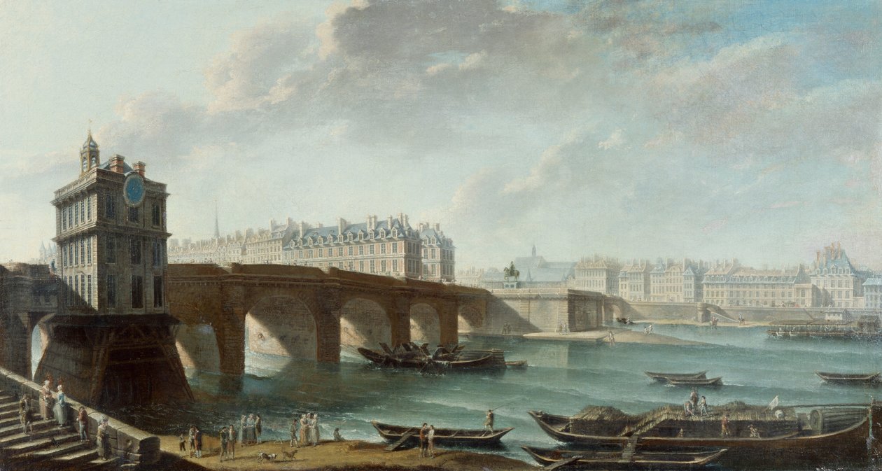 Samaritaine-pumpen, Pont-Neuf, Ile de la Cite och Conti-kajen ser från Louvrens kaj, före 1771 (olja på duk) av Nicolas Raguenet