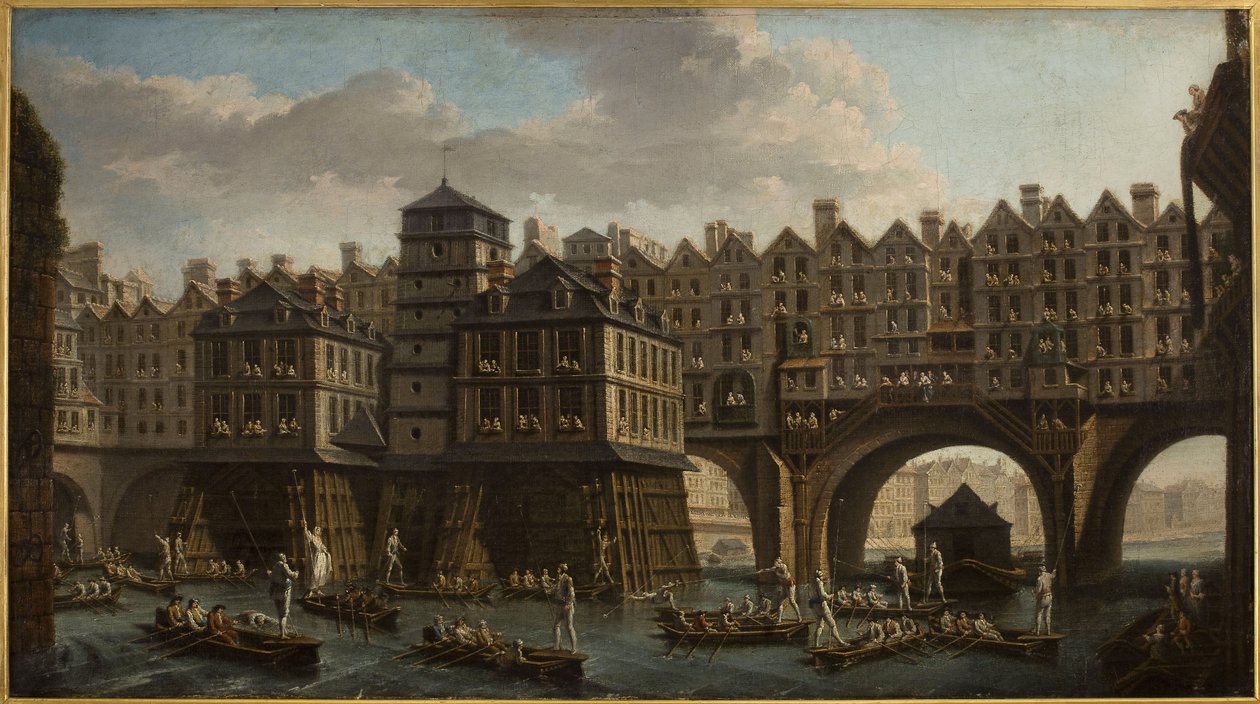 Sjöfararnas tornerspel, mellan Pont Notre-Dame och Pont au Change av Nicolas Raguenet