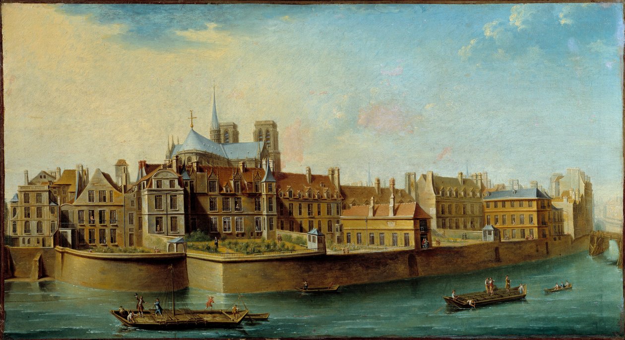 Utsikt över Ile de la Cite med absiden av Cathedrale Notre Dame och Quai aux Fleurs från Ile Saint Louis i Paris Målning av Nicolas Raguenet (1715-1793) 1753 Sön. 0,46x0,84 m Paris, Musee Carnavalet - Utsikt över Ile de la Cite med aperna av Nicolas Raguenet