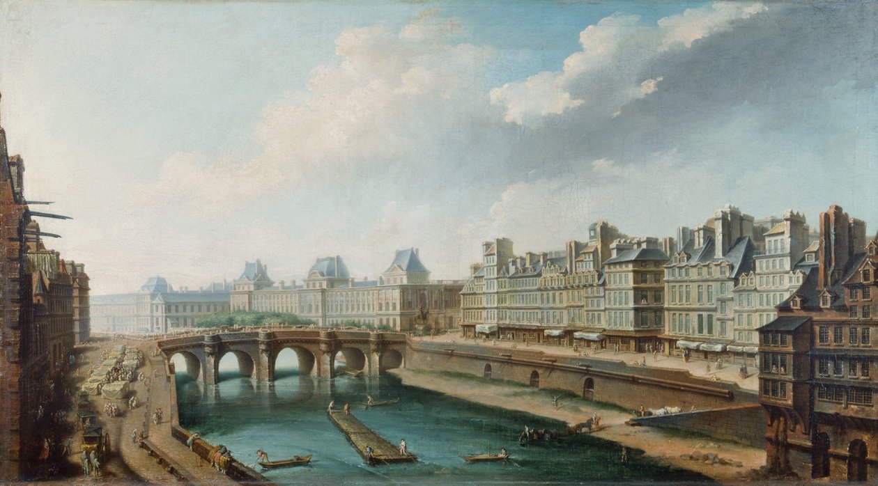 Utsikt över Louvren, Pont Neuf och Quai des Orfevres sett från Quai des Grands Augustins, ca 1760 (olja på duk) av Nicolas Raguenet