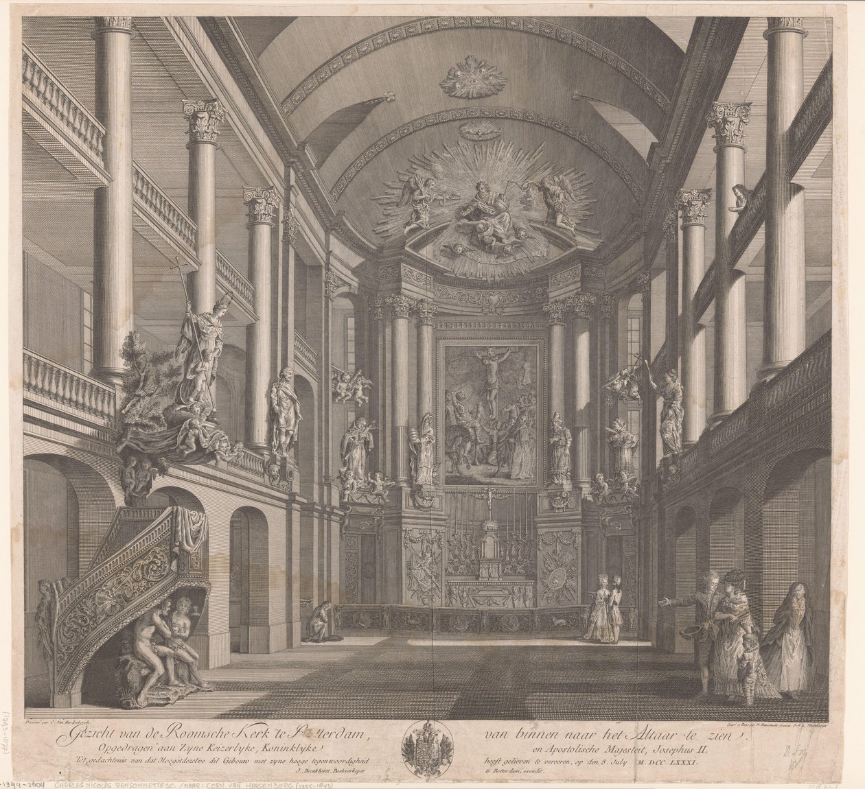 Interiör av Saint Rosalia-kyrkan i Rotterdam Utsikt över den romerska kyrkan i Rotterdam, sedd från insidan mot altaret (titel på objekt) av Nicolas Ransonnette