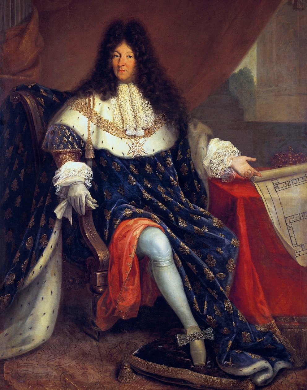Ludvig XIV (1638-1715) fransk kung 1643-1715 som visar det kungliga huset Saint Cyr av Nicolas Rene Jollain