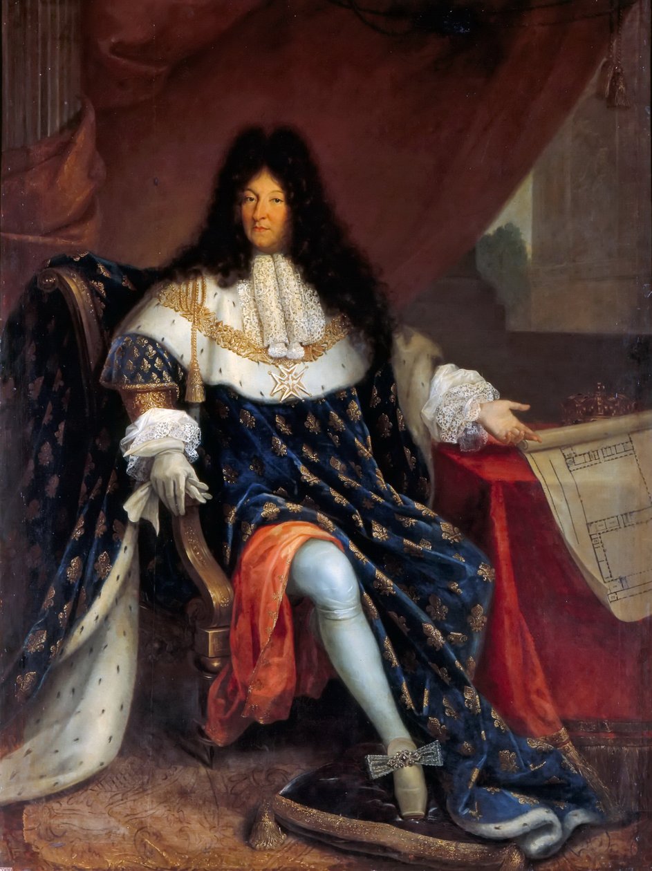 Porträtt av Ludvig XIV som håller planen för Maison Royale de Saint-Louis i Saint-Cyr av Nicolas Rene Jollain