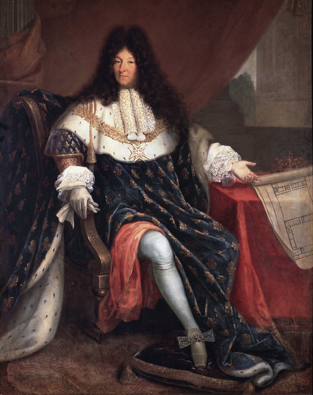 Porträtt av Ludvig XIV med planen för kungahuset Saint Cyr (olja på duk av Nicolas Rene Jollain