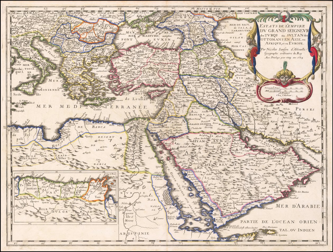 1654 års karta - Turkarnas storherres eller ottomanernas sultans riksområden i Asien, Afrika och Europa av Nicolas Sanson
