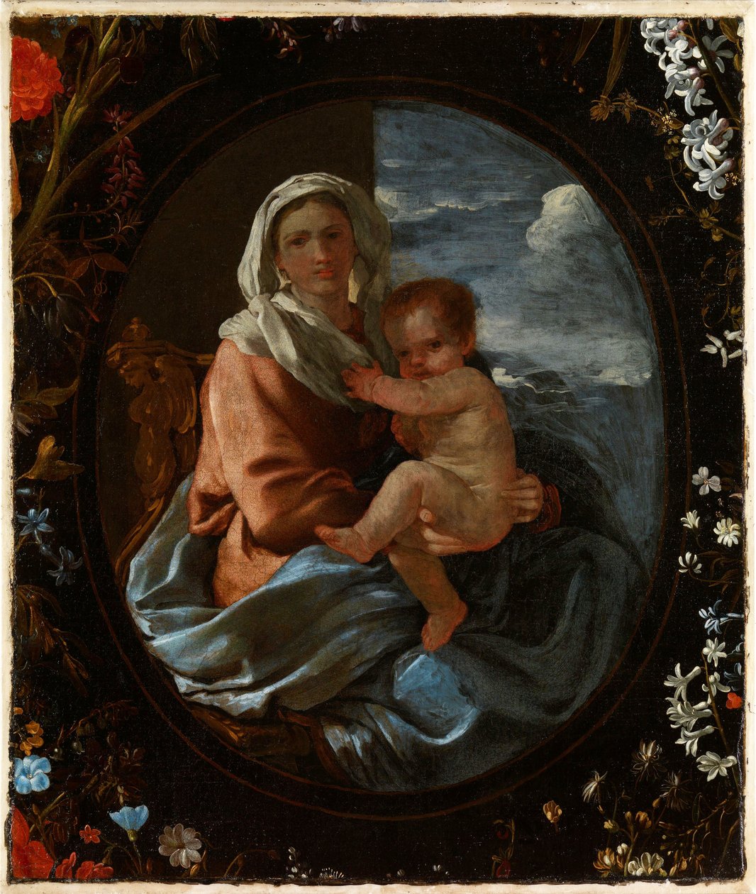 Jungfru Maria och barnet i en blomsterkrans av Nicolas & Seghers Daniel (1590–1661) Poussin