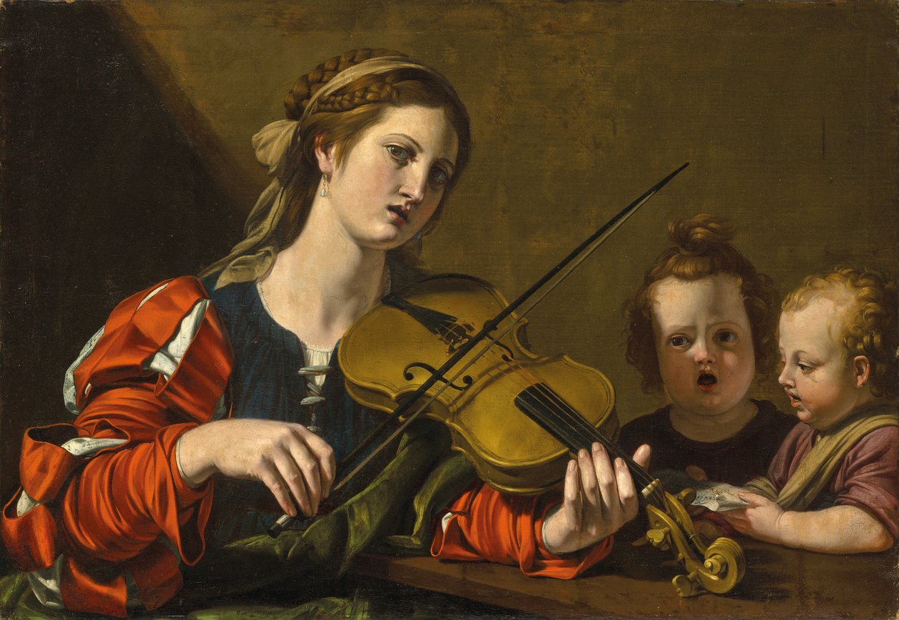 En kvinna som spelar fiol med två barn som sjunger (olja på duk) av Nicolas Tournier