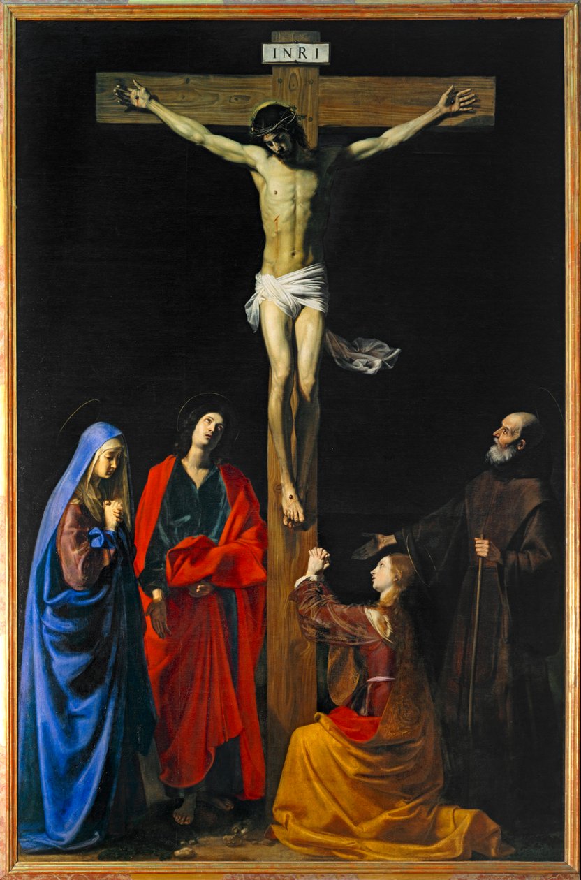 Kristus på korset, Jungfru Maria, Magdalena, S:t Johannes och S:t Franciskus av Paola - Kristus på korset, Jungfru Maria, heliga Maria Magdalena ... av Nicolas Tournier