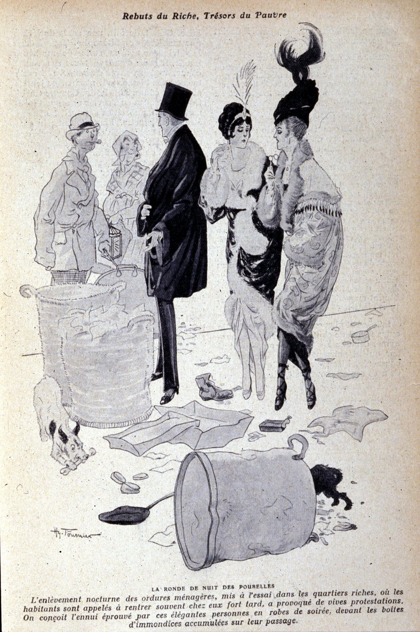 Paris: avfall samlas på gatan framför elegant klädda människor. Illustration av fransk press av H. Tournier av Nicolas Tournier
