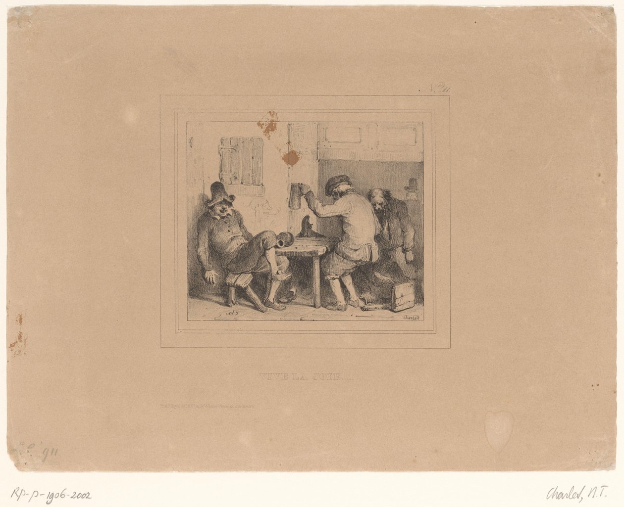 Tre berusade bönder på en pub Vive la joie (titel på objekt) Sketches 1837 (serietitel) Croquis av Charlet 1837 (serietitel) av Nicolas Toussaint Charlet