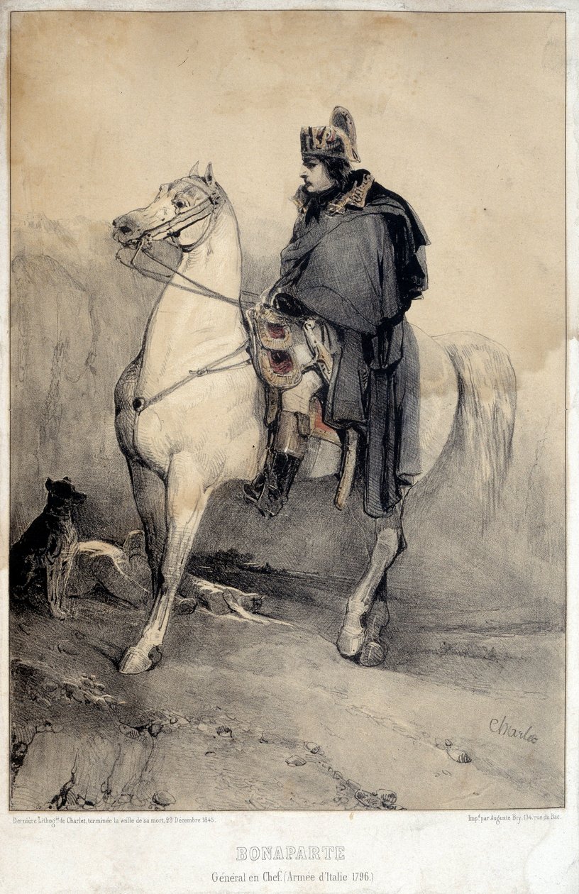 Ridsporträtt av Napoleon I Bonaparte (1769-1821) generalchef för Italiens armé av Nicolas Toussaint Charlet