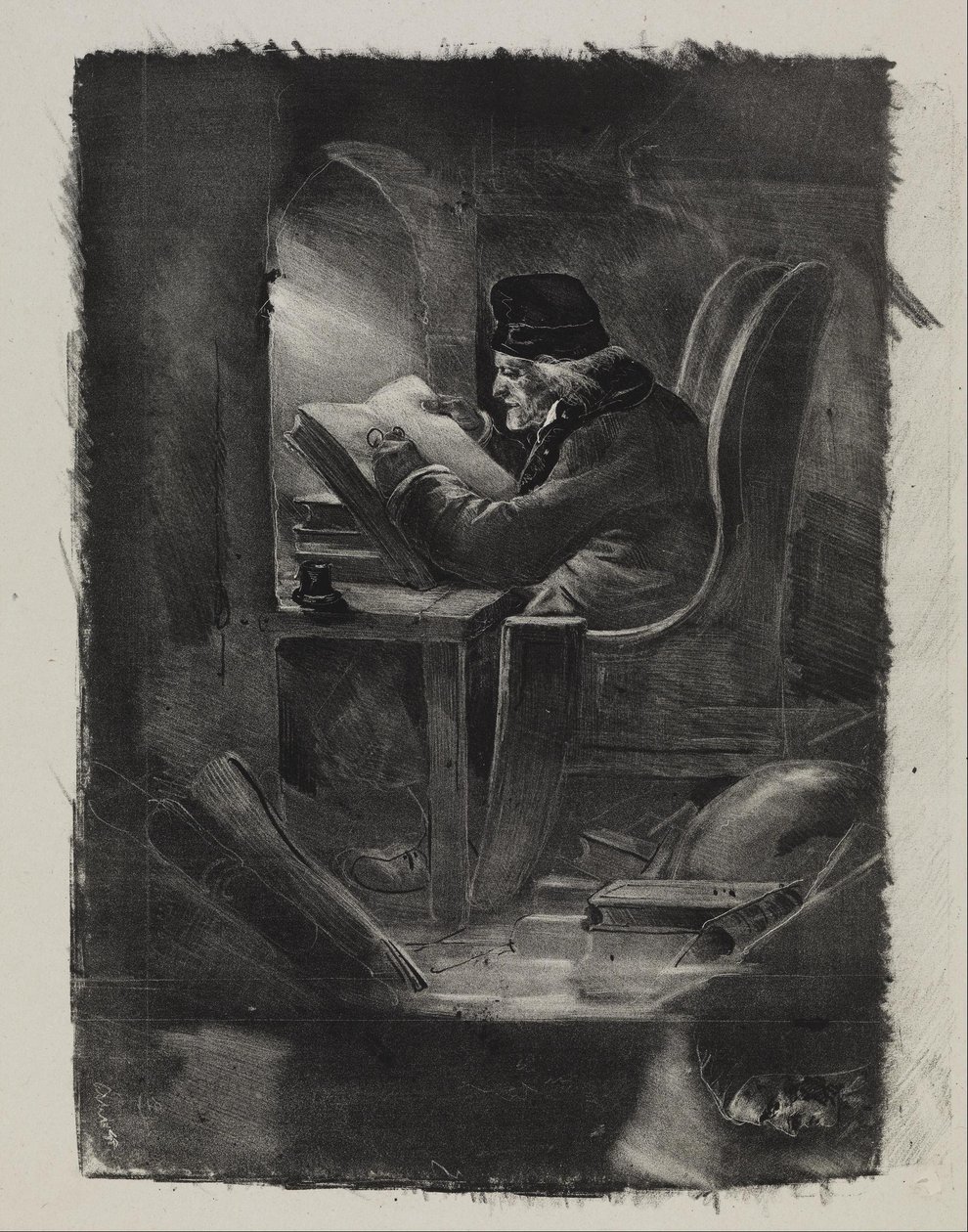 Försök i mezzotint (en geograf) av Nicolas Toussaint Charlet