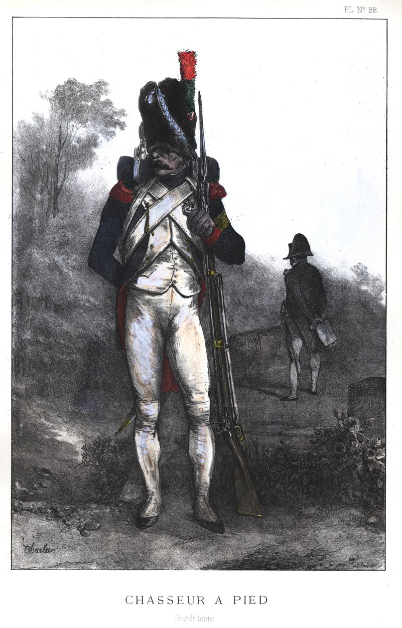 Napoleonkrigen, franska armén, kejserliga gardets fotchassier i hel klädsel, 1845 av Nicolas Toussaint Charlet