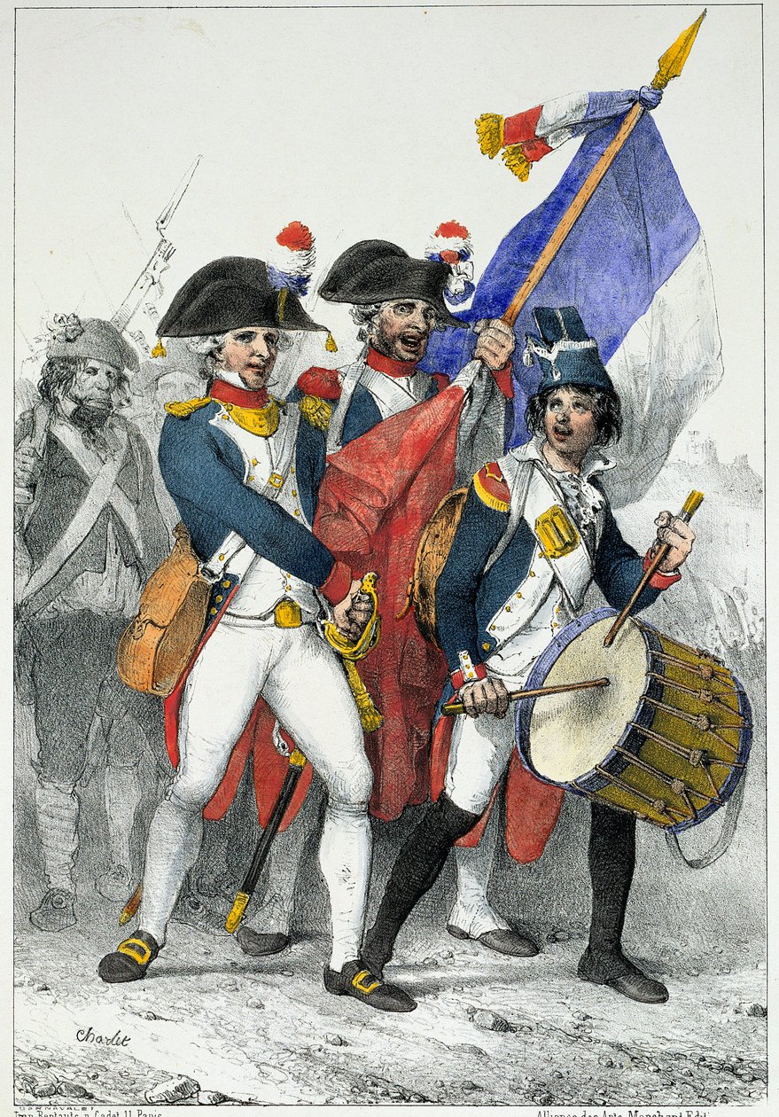 Hemlandet i fara: Första republikens frivilliga (1792-1799) på väg till krig (färgad gravyr) av Nicolas Toussaint Charlet