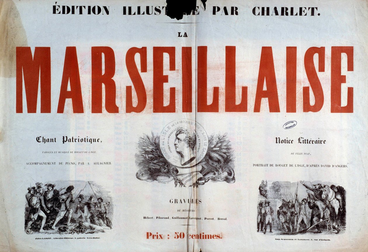 Titelsidan för den patriotiska sången "" La Marseillaise ". Illustration av Charlet Nicolas Toussaint (1792-1845) 1800-talets Paris, nationella arkiv. av Nicolas Toussaint Charlet