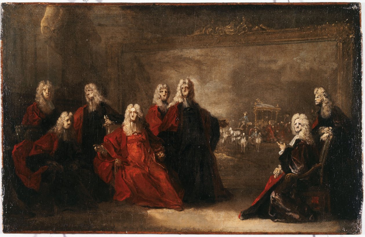 Skiss för åldermännen som firar infantinnans ankomst av Nicolas de (workshop) Largilliere