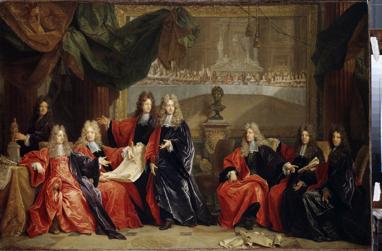 Provoster och domare i staden Paris diskuterar festmiddagen för kung Ludvig XIV 14 känd som solkungen (1638-1715) på Hôtel de ville efter hans restaurering 1687 (prost och kommunala magistrater i Paris diskuterar firandet av Lou av Nicolas de Largillière