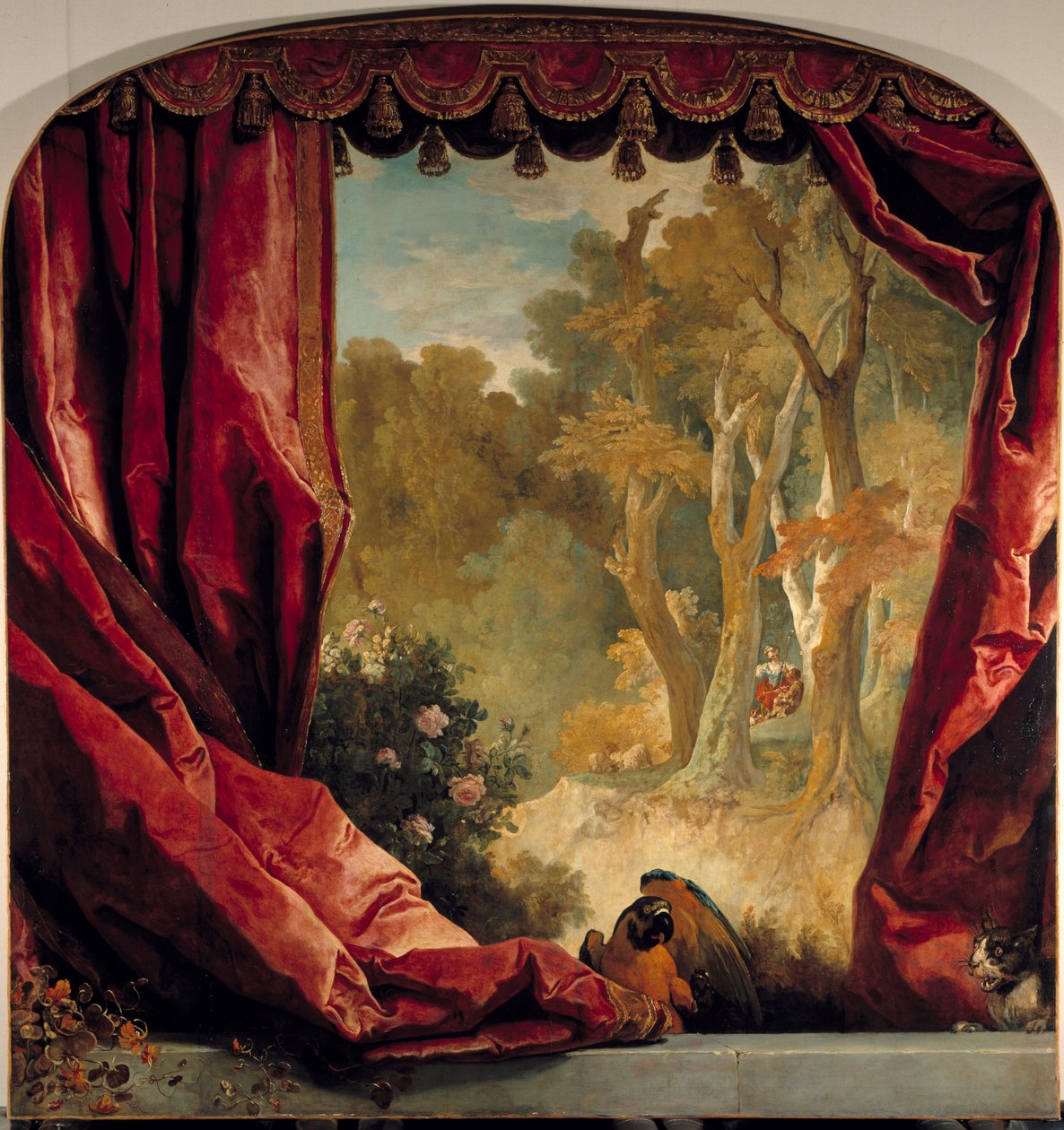 Dekorativ komposition med gardiner, landskap och djur Målning av Nicolas de Largilliere (1656-1746) 1700-tal Sön. 2,61x2,51 m av Nicolas de Largillière