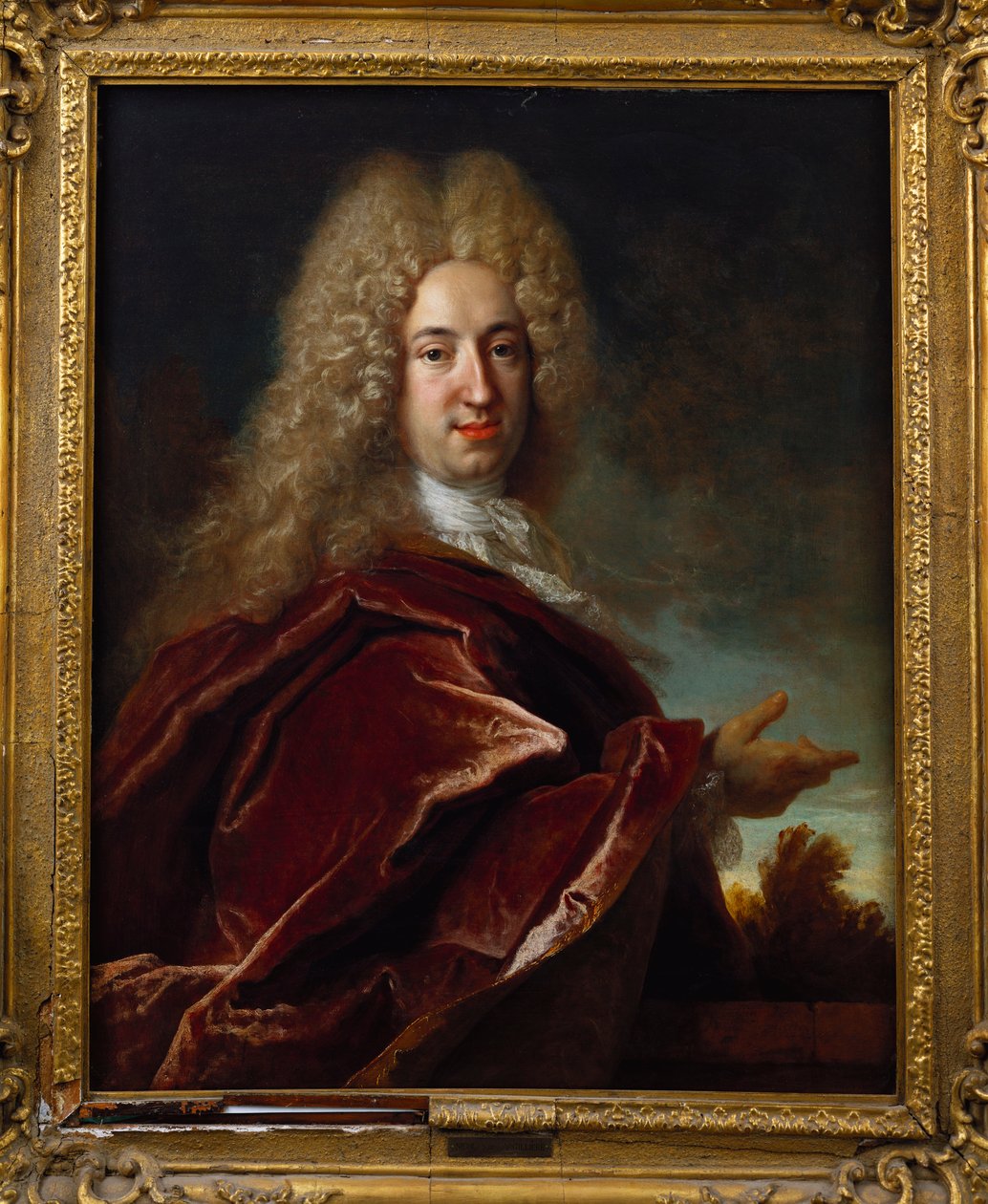 Porträtt av en gentleman, iklädd en lång peruk, spetsjabot och vinröd mantel av Nicolas de Largillière