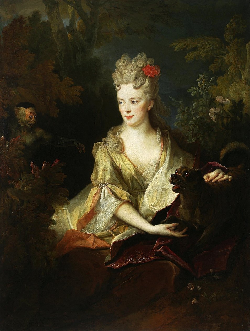 Porträtt av en kvinna med en hund och en apa av Nicolas de Largillière
