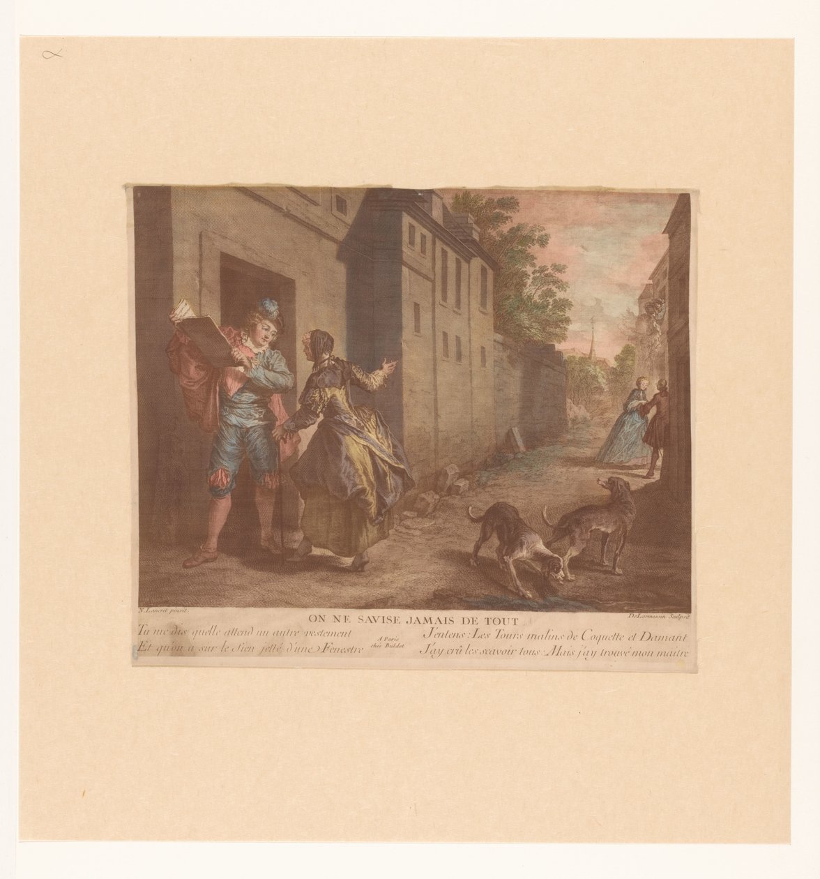 Straat Gezicht met man met boek Eller tänk aldrig på allt (titel på objekt) Fabels van Jean de La Fontaine (serietitel) Suite of New Prints for the Tales of La Fontaine (serietitel) av Nicolas de Larmessin (III)