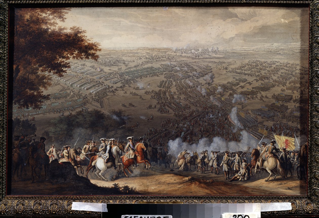 Slaget vid Poltava den 27 juni 1709. I slaget möttes Carl XII:s svenska armé och den ryske tsaren Peter den stores armé under det stora nordiska kriget (1700-1721). Målning av Nico av Nicolas de Larmessin