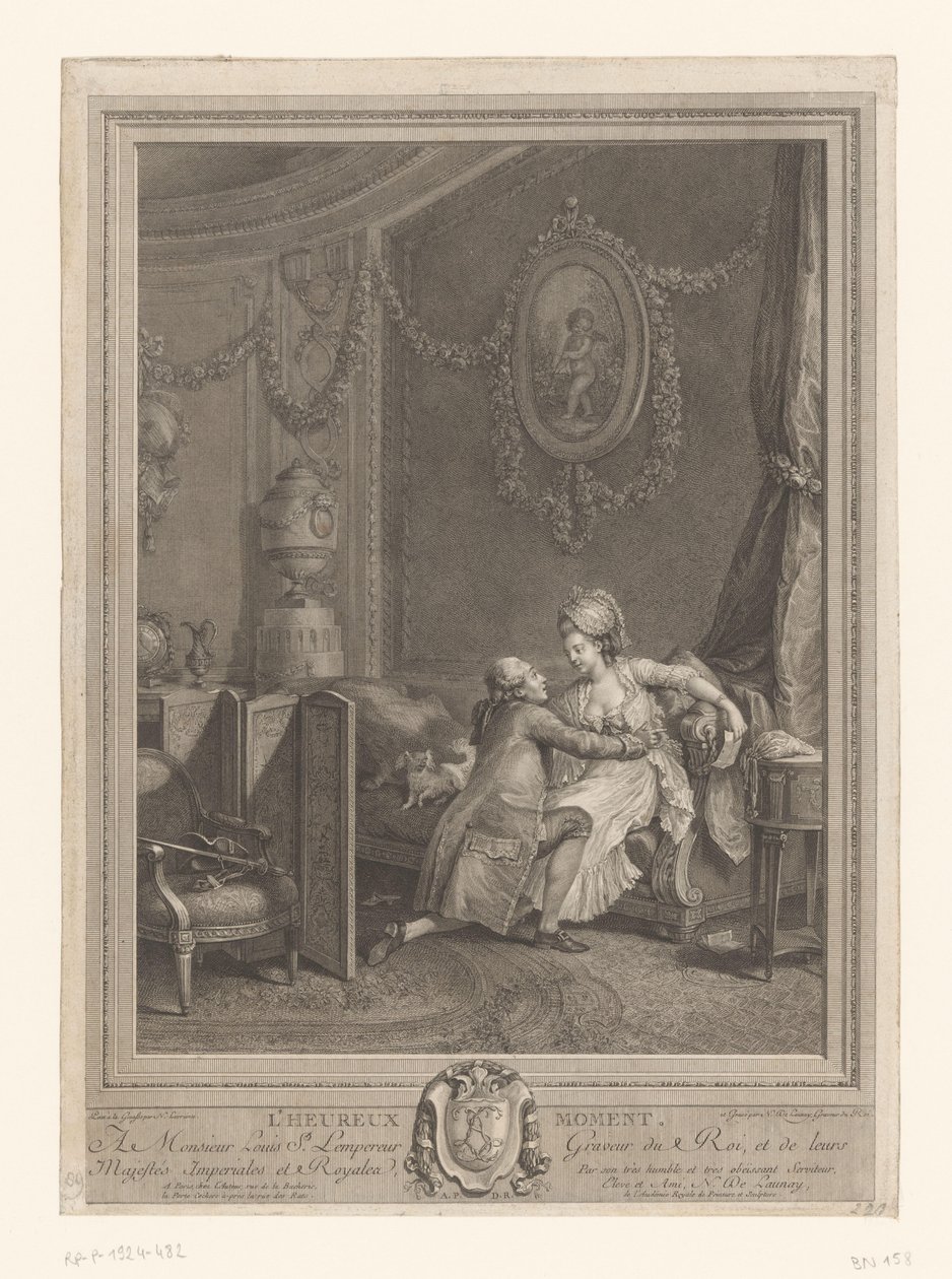 Det lyckliga ögonblicket Slaapkamerinterieur med koppel op säng Det lyckliga ögonblicket (titel på objekt) av Nicolas de Launay (goudsmid)