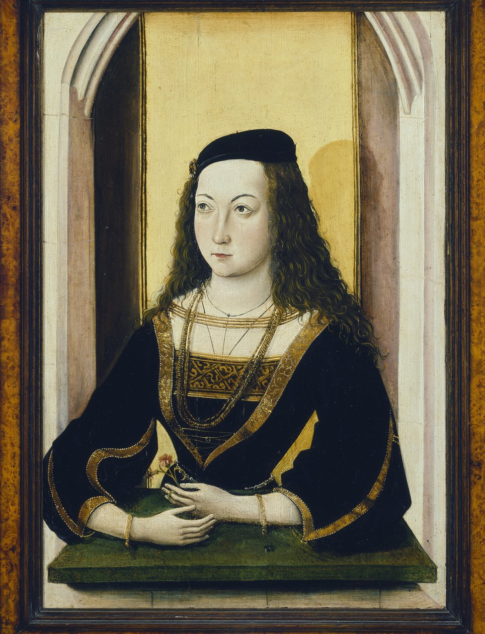 Porträtt av en ung kvinna som håller en blomma, olja från sent 1400-tal på panel av Nicolaus Alexander Mair von Landshut