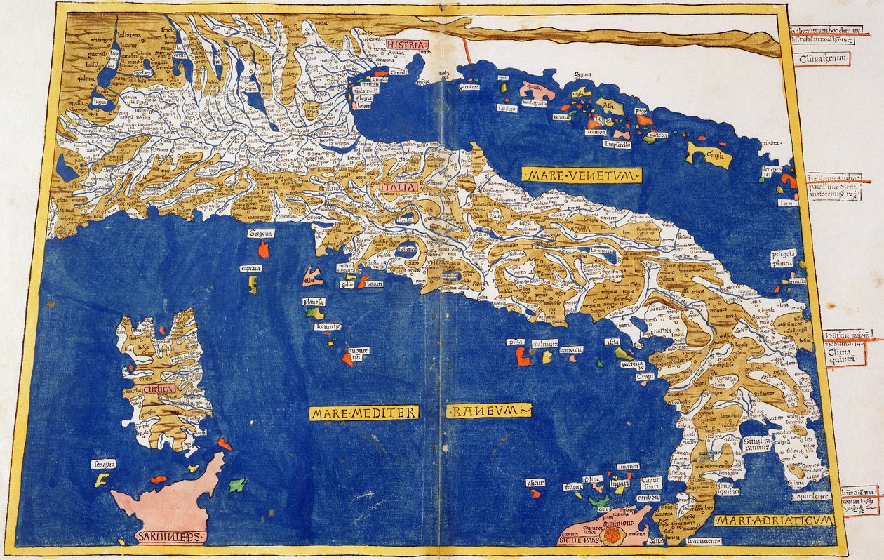 Ptolemaisk karta över Italien, 1482 (färgad litho) av Nicolaus Germanus