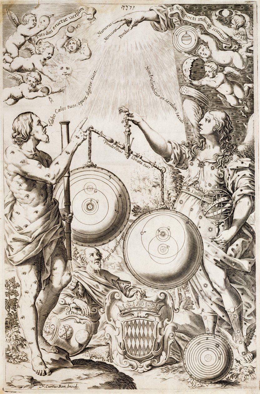 Tolomeo, som sitter mellan allegorier av Argo och Astrea, överväger diagram över kosmologier ritade av Copernicus och Riccioli, illustration hämtad från Giovanni Battista Ricciolis avhandling om astronomihistorien Almagestum Novum, Bologna av Nicolaus (after) Copernicus