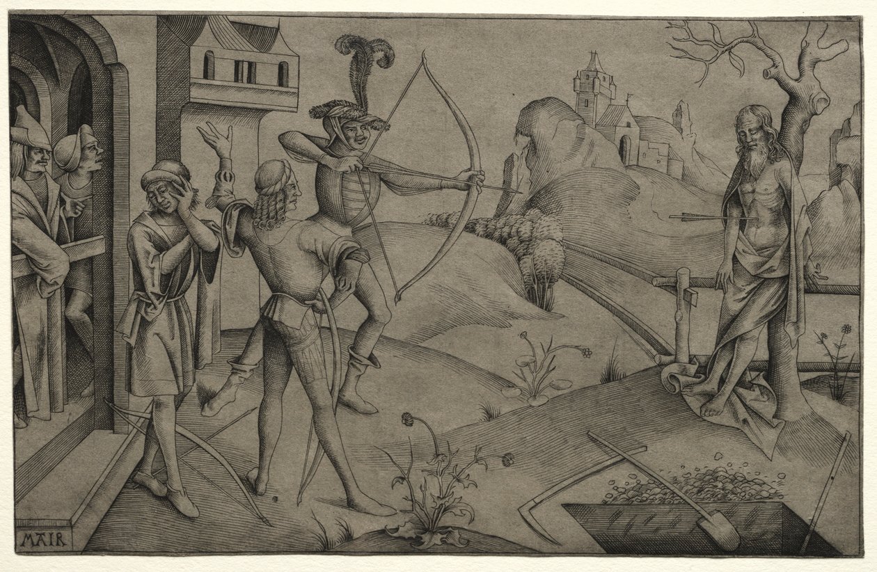 Kings Sons Shooting at their Dead Fathers Body, 1495-1504. av Nicolaus Alexander Mair von Landshut