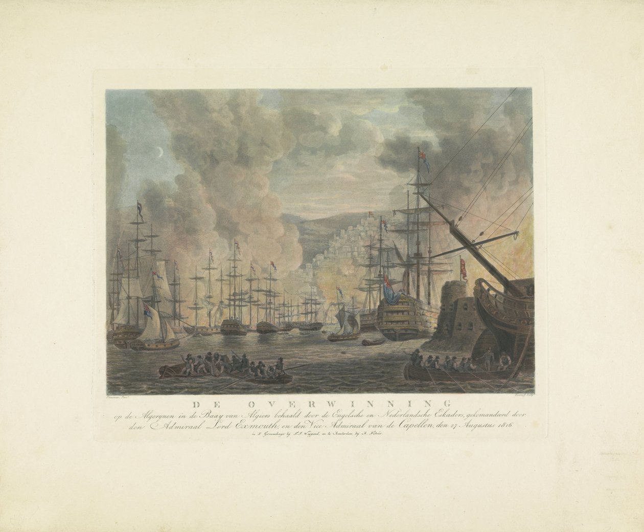 Bombardement av Alger, 1816 Algeriets seger i Algerbukten av de engelska och holländska skvadronerna, under kommando av amiralen Lord Exmouth och viceamiralen i Capellen, 27 augusti 1816 (titel på obj. av Nicolaus Heideloff