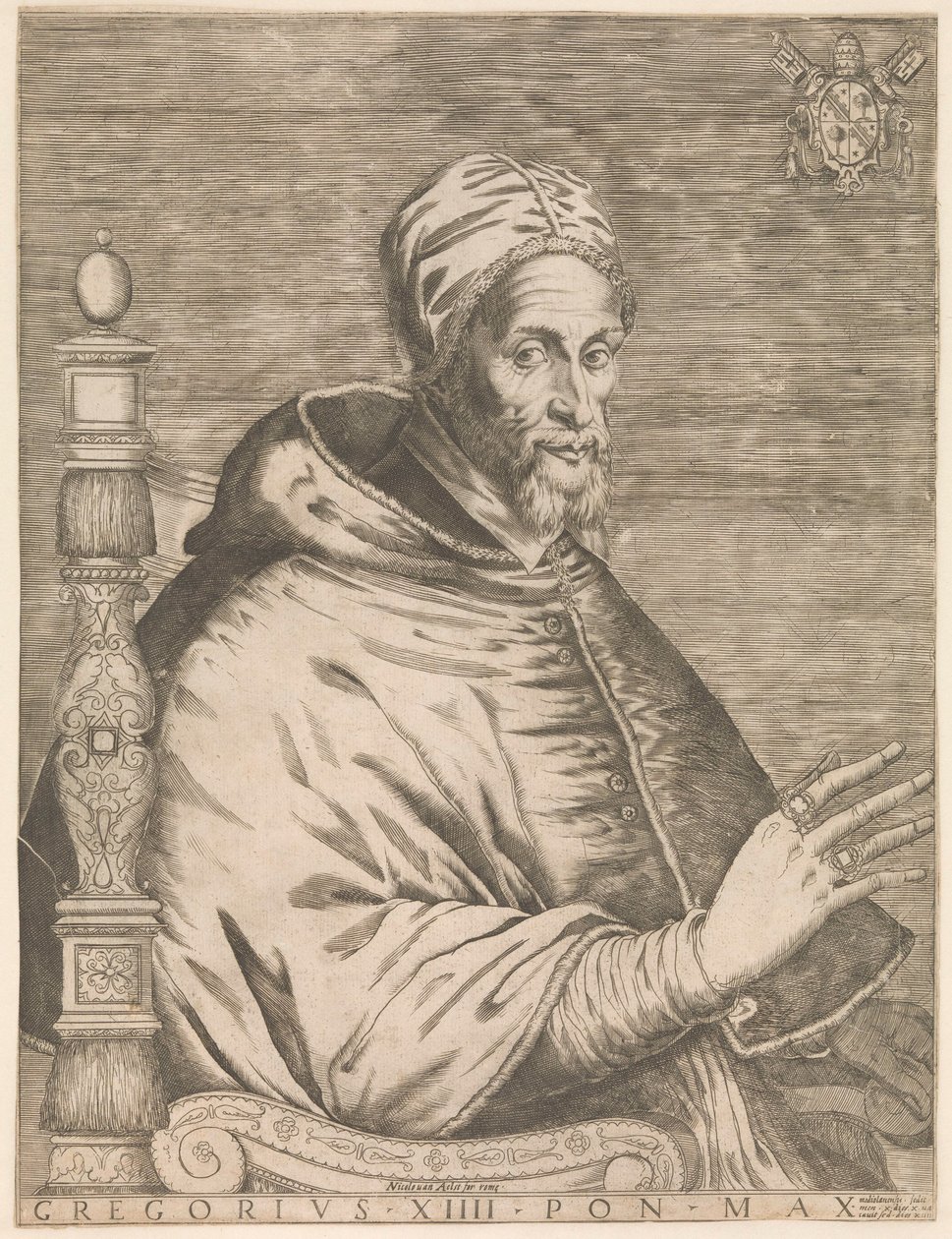 Porträtt av påven Gregorius XIV, sittande Gregorius XIII Pon. max. (titel på objekt) av Nicolaus van Aelst (attributed to)