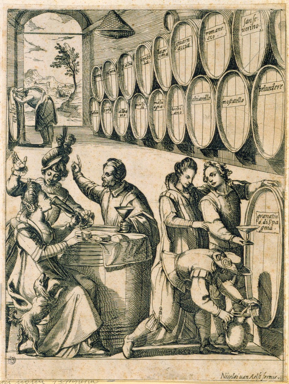 Drickare i en vinkällare (namn på romerska viner är inskrivna på faten) av Nicolaus van Aelst