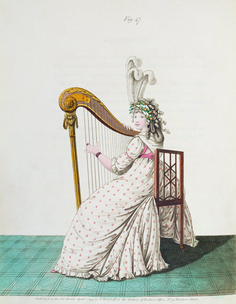Dam som spelar harpa i aftonklänning från Nikolaus Heideloffs Gallery of Fashion, Vol II, april 1795 (tryck) av Nicolaus von Heideloff