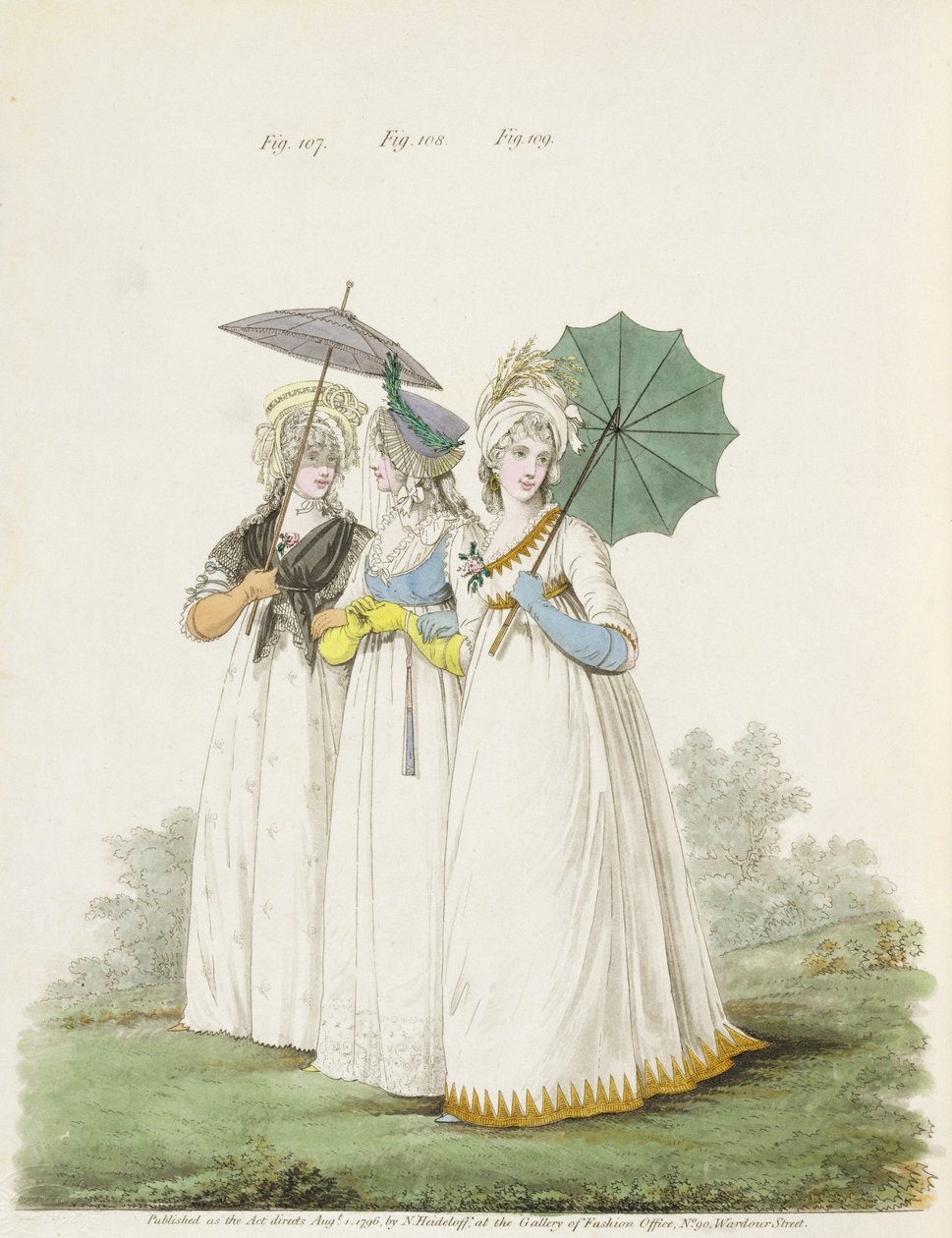 Morgonklänningar, fikon. 107, 108 och 109 från Nikolaus Heideloffs "Gallery of Fashion", Vol. II, augusti 1796 (tryck) av Nicolaus von Heideloff