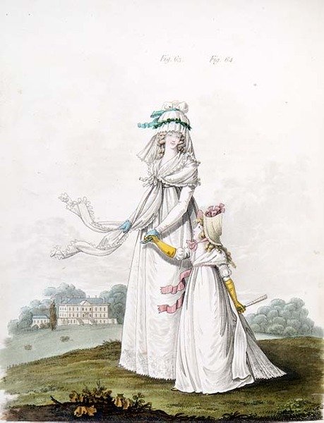 Mor och barn i morgonklänning från Nikolaus Heideloffs "Gallery of Fashion", Vol II, augusti 1795 (tryck) av Nicolaus von Heideloff