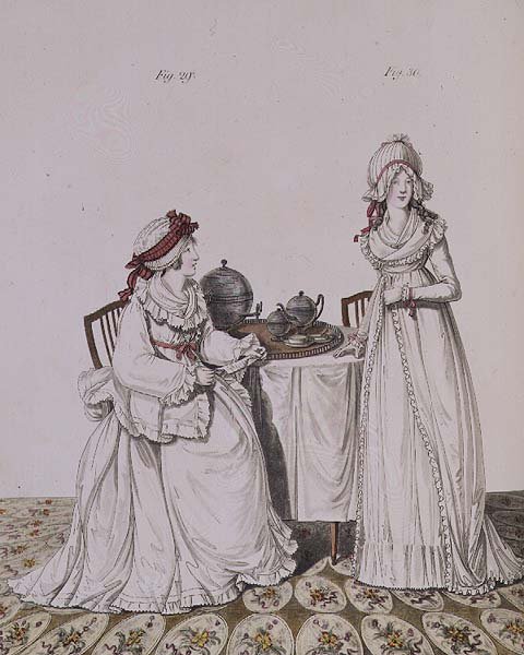 Två damer vid frukost i deras omklädningsrum, iklädda nattmössor och peignoirs, från Nikolaus Heideloffs "Gallery of Fashion", Vol I, november 1794 (tryck) av Nicolaus von Heideloff