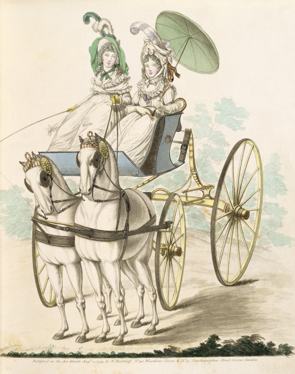 Två damer, en negligee, tar en sändning i en phaeton, från Nikolaus Heideloffs Gallery of Fashion, Vol I, augusti 1794 (tryck) av Nicolaus von Heideloff