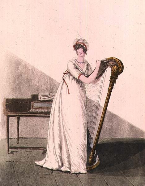 Ung kvinna med en harpa från Heideloff "Gallery of Fashion", tidigt 1800-tal (färgad gravyr) av Nicolaus von Heideloff