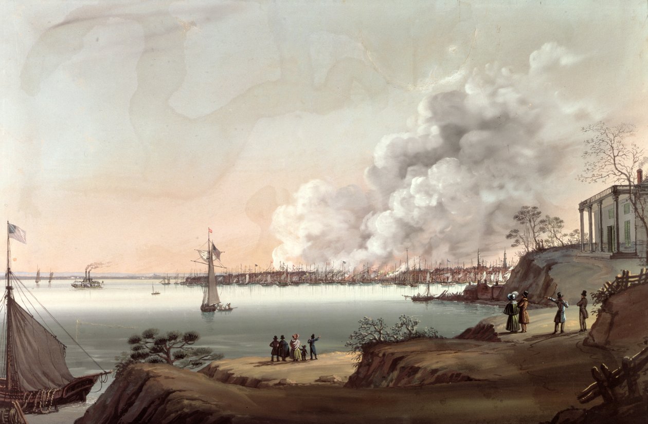 Utsikt över New York efter den stora branden tagen från Brooklyn, 1835 av Nicolino Calyo